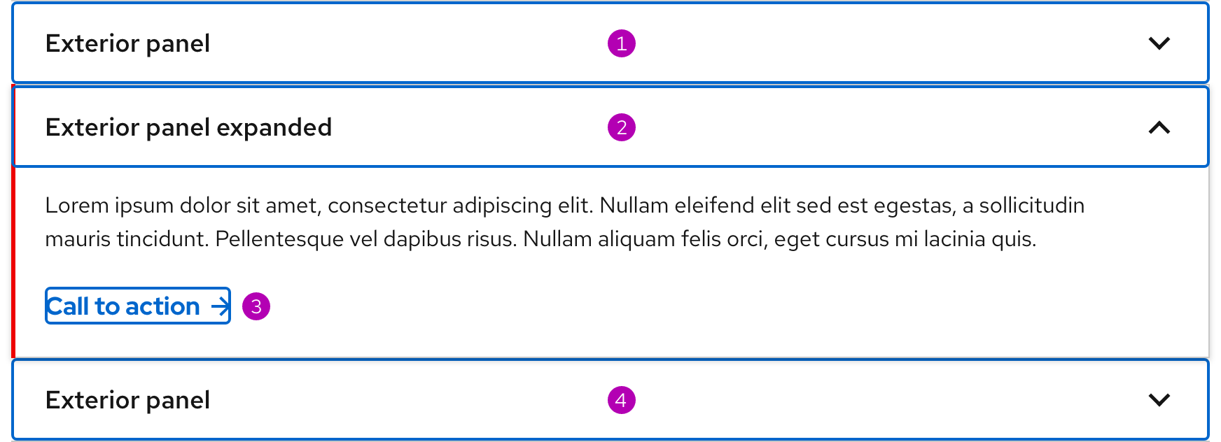 Accordion showing the order how focus moves through the element when pressing Tab continuously