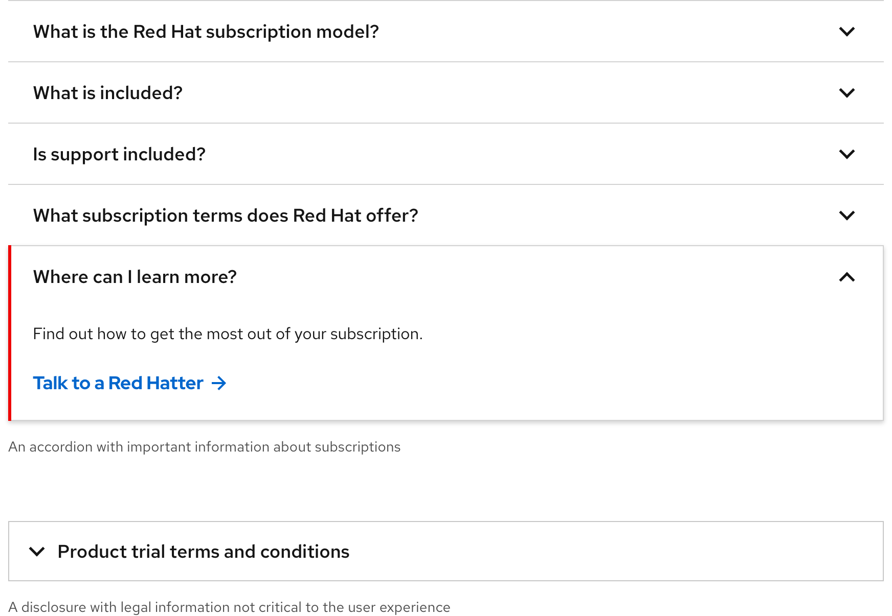 Comparison of how to use accordion vs. disclosure elements showing an accordion on top and a disclosure on the bottom