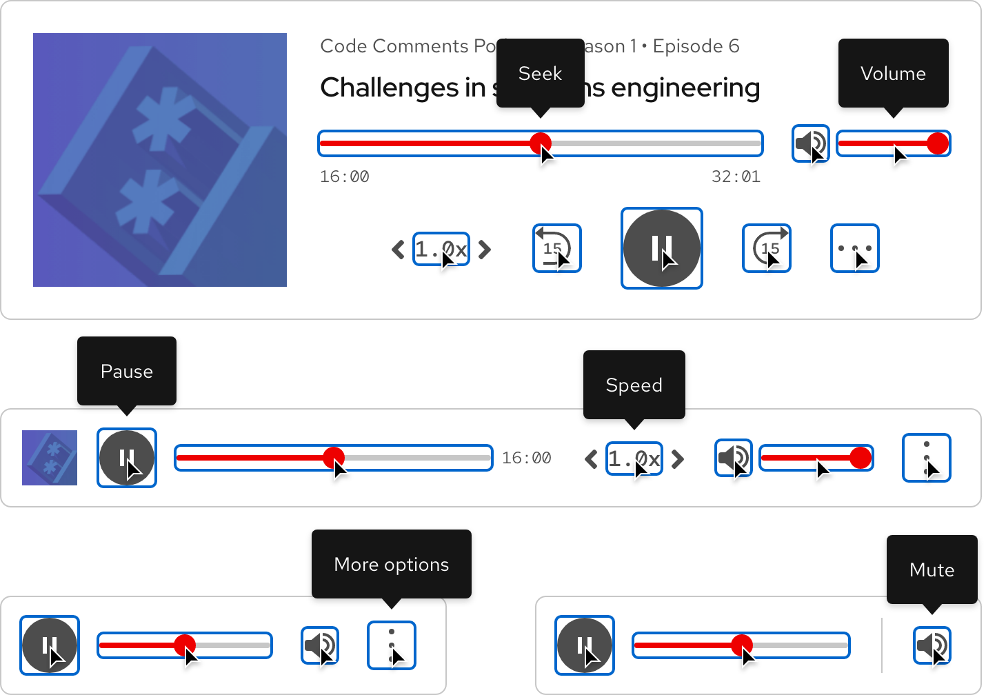 Image of light theme audio player active states