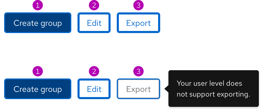 Image of rows of button groups with numbers; one row has focus indicators only and the other has focus indicators and a tooltip