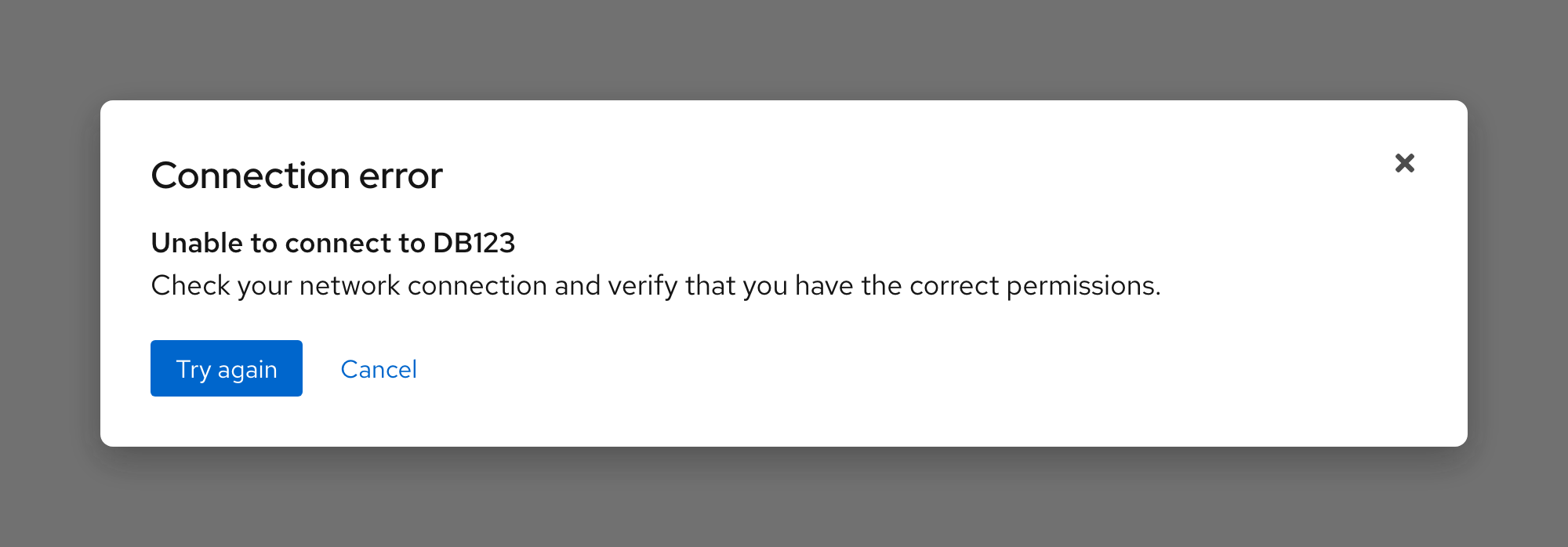 Error dialog example with a blue primary button