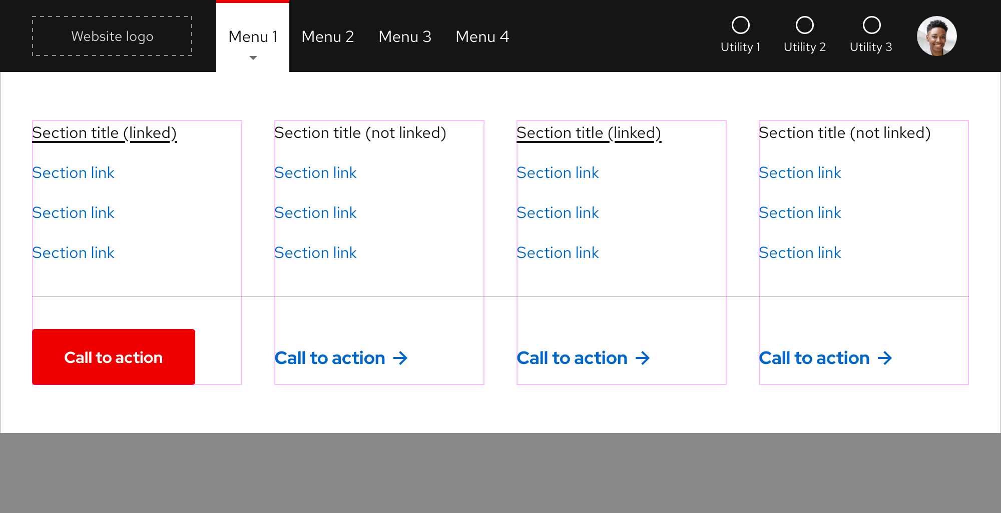 Primary navigation - full-width expandable tray (four columns)