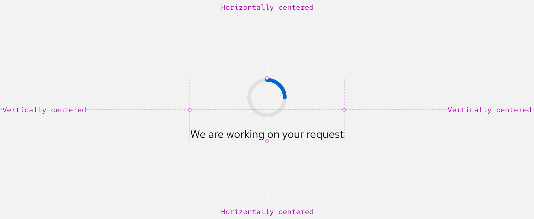 Diagram of how a spinner should be horizontally and vertically centered within a container no matter its size or if a text label is included or not